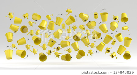 Many of flying garden buckets for hydration of plants on white background. 3d render of care and hydration of plants Many of flying garden buckets for hydration of plants on white background. 3d render of care and hydration of plants 124943029