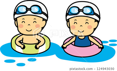 戴著游泳圈漂浮在水中的男孩和女孩 戴著游泳圈漂浮在水中的男孩和女孩 124943030