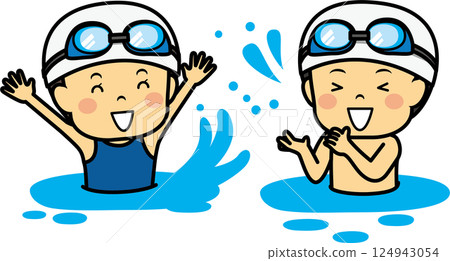 男孩和女孩在游泳池裡玩耍 男孩和女孩在游泳池裡玩耍 124943054