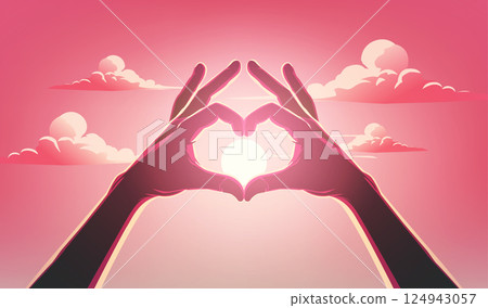 Heart Hands Silhouette with Sunlight in Pink Sky at Sunset 124943057