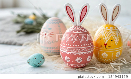 easter composition with painted eggs 124943159