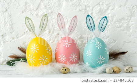 easter composition with painted eggs and rabbit 124943163