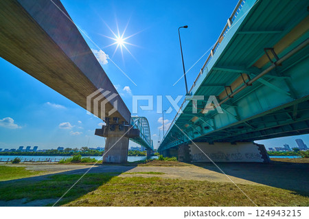 View of the Tamagawa Ohashi Bridge and the Tamagawa Private Bridge over the Tamagawa River from the riverbed in Tamagawa 2-chome, Ota Ward, Tokyo in summer View of the Tamagawa Ohashi Bridge and the Tamagawa Private Bridge over the Tamagawa River from the riverbed in Tamagawa 2-chome, Ota Ward, Tokyo in summer 124943215