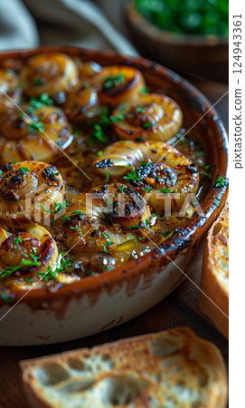 Escargot in garlic and parsley butter, neatly arranged in their shells, garnished with fresh parsley. 124943361