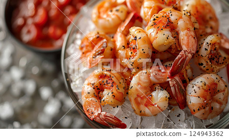 large, succulent shrimp arranged neatly on a bed of crushed ice. The shrimp are plump and vibrant, served with a side of tangy cocktail sauce in a small bowl 124943362