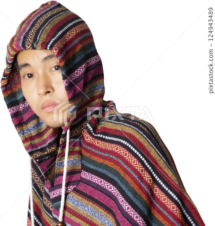 Man wear overcoat with hood on head. Man wear overcoat with hood on head. 124943489