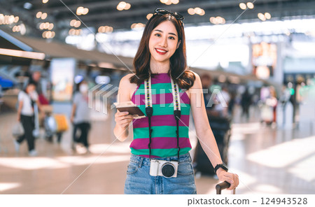 Portrait of tourist woman eye looking at camera with travel passport at airport terminal 124943528