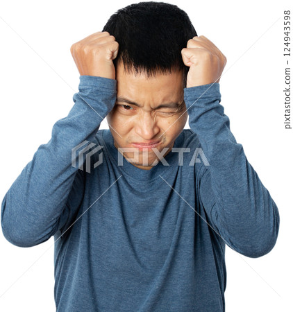Asian young man showing headache gesture and ill. Asian young man showing headache gesture and ill. 124943598
