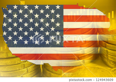 US America flag and map on stock investment trading with coin and graph. US America flag and map on stock investment trading with coin and graph. 124943609