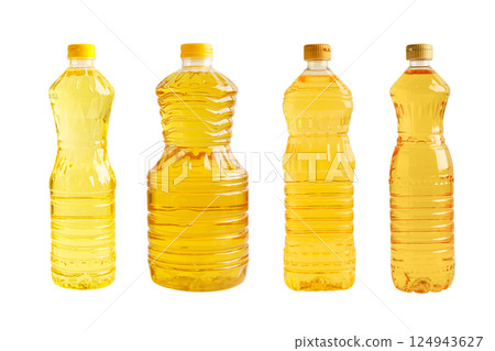 Vegetable oil  and water in bottle isolated on white background. 124943627