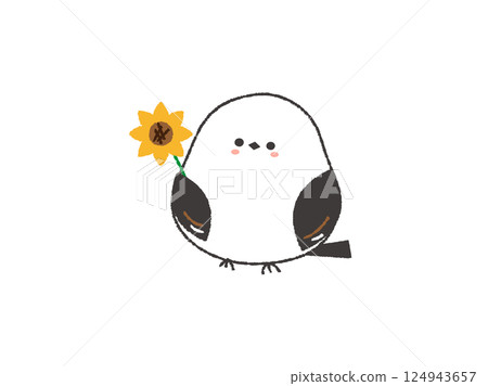 一隻長尾山雀叼著一朵向日葵的插圖 一隻長尾山雀叼著一朵向日葵的插圖 124943657