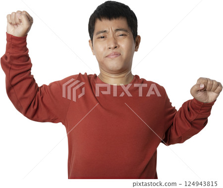 Portrait of young man gesturing two hands lazy stretching. 124943815