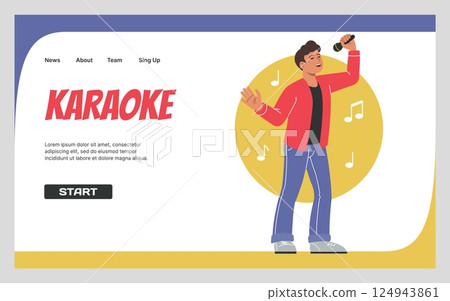 Karaoke web banner. Landing page template. Singing man in microphone. Vocalist school advertising. Music entertainment show ad, festival or party. Vector cartoon flat style isolated illustration Karaoke web banner. Landing page template. Singing man in microphone. Vocalist school advertising. Music entertainment show ad, festival or party. Vector cartoon flat style isolated illustration 124943861