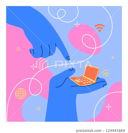 Doodle hand. Big cute arm holding tiny laptop. Online messenger. Social media communication. Giant fingers typing message. Computer connection. PC user. Internet technology. Abstract color vector card Doodle hand. Big cute arm holding tiny laptop. Online messenger. Social media communication. Giant fingers typing message. Computer connection. PC user. Internet technology. Abstract color vector card 124943869
