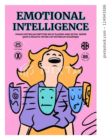Mental health. Emotional intelligence. Fake mask. Emotion expression disguise. EQ poster. Woman insincerity. Human psychology problem. Bipolar mind. Person pretends. Vector psychological banner design 124943886