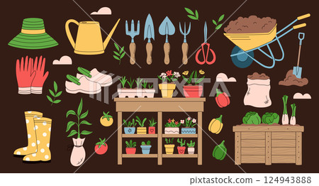 Garden. Compost plant, vegetable on shelves. Tool for farming, home spring flower. Care houseplant. Soil in wheelbarrow for organic agriculture, cartoon flat isolated illustration. Vector garish set Garden. Compost plant, vegetable on shelves. Tool for farming, home spring flower. Care houseplant. Soil in wheelbarrow for organic agriculture, cartoon flat isolated illustration. Vector garish set 124943888
