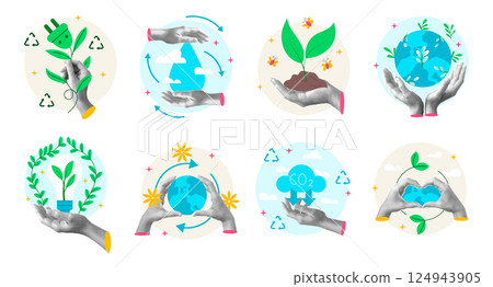 Recycled green energy. Hand halftone icon. Vintage Globe sticker for Earth. ECO environmental protection. Collage ecology element. Cartoon flat style isolated illustration. Vector garish graphic set 124943905