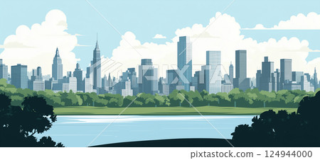 City park and skyscraper scenery (illustration) 124944000