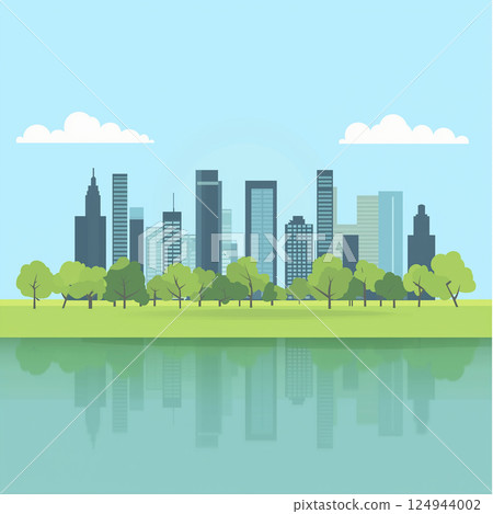 城市公園和摩天大樓風景（插圖） 124944002
