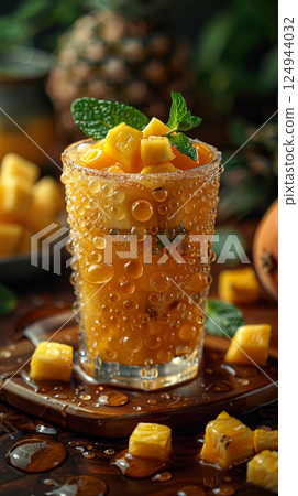 A vibrant glass filled with refreshing mango pineapple juice, topped with juicy pineapple chunks and a sprig of mint 124944032