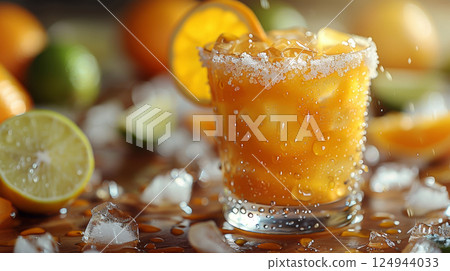A glass rimmed with salt, filled with tangy lime juice, refreshing orange juice, lemonade, and ice 124944033