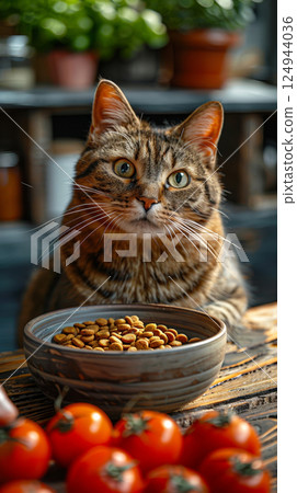 A content, happy cat is seen eating, while in the background, a caring owner lovingly pets the cat, creating a scene filled with affection and warmth 124944036
