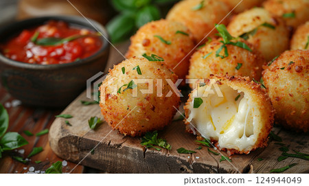 of arancini, deep-fried risotto balls stuffed with mozzarella, arranged on a rustic wooden board of arancini, deep-fried risotto balls stuffed with mozzarella, arranged on a rustic wooden board 124944049