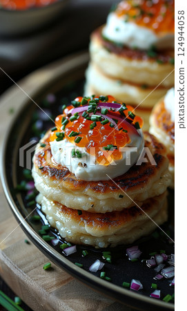 Sumptuous plate of golden, fluffy pancakes topped with creme fraiche, caviar, finely chopped red onion, and a sprinkle of green onions. 124944058