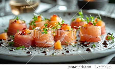 Refined presentation of prosciutto-wrapped melon slices elegantly arranged on a sleek white plate, garnished with microgreens and a drizzle of balsamic reduction. 124944070