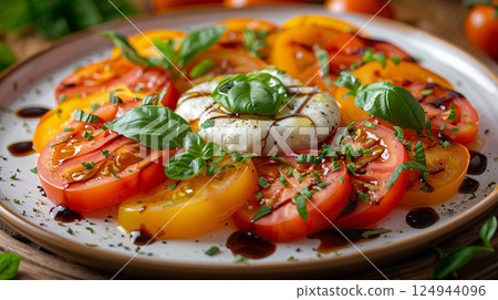 Elegant plate of burrata with heirloom tomatoes in a sophisticated setting, featuring the burrata at the center surrounded by colorful tomato slices. 124944096