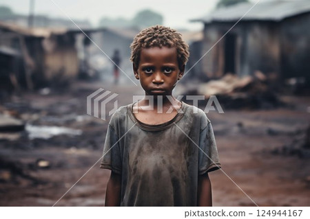 Glimpse of Innocence: Young Boy Amidst Challenges in an African Village. Generative ai 124944167