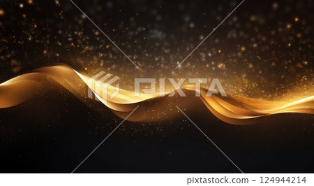 Golden Digital Particle Wave with Glistening Stars. Generative ai 124944214