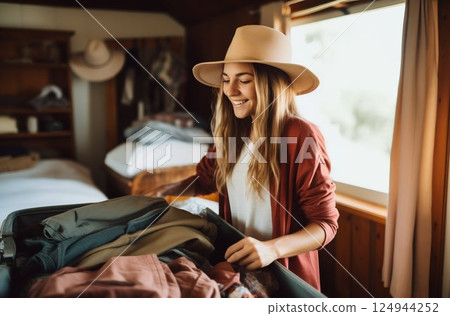 Joyful Woman Preparing for Travel, Packing at Home. Generative ai 124944252