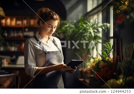 Efficient Female Waiter Using Tablet to Take Restaurant Order. Generative ai 124944253