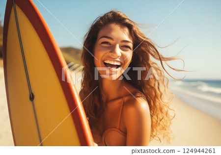 Joyful Woman with Surfboard Embracing Summer Beach Vibes. Generative ai 124944261
