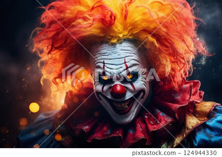 Sinister Smile: Evil Clown's Haunting Portrait. Generative ai Sinister Smile: Evil Clown's Haunting Portrait. Generative ai 124944330