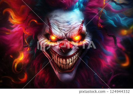 Sinister Smile: Evil Clown's Haunting Portrait. Generative ai Sinister Smile: Evil Clown's Haunting Portrait. Generative ai 124944332