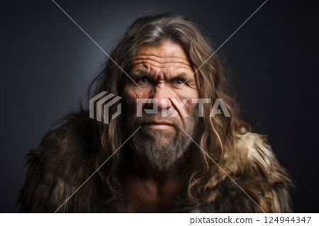 Echoes of the Past: Neanderthal Man on Studio Backdrop. Generative ai Echoes of the Past: Neanderthal Man on Studio Backdrop. Generative ai 124944347