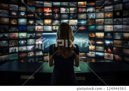 Digital Dive: Woman Engaged with Smart TV Streaming Choices. Generative ai 124944363