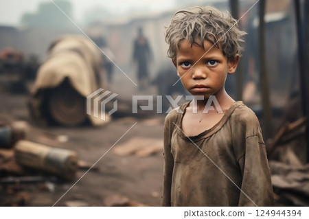 Glimpse of Innocence: Young Boy Amidst Challenges in an African Village. Generative ai 124944394