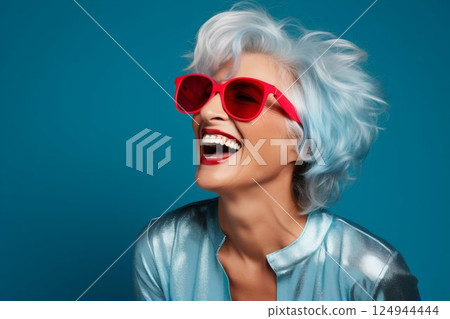 Joyful Senior Fashionista: Radiant Laughter in Studio. Generative ai 124944444