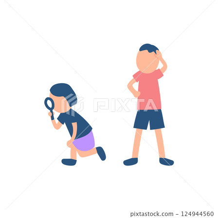 Illustration of a girl and boy observing with a magnifying glass 124944560