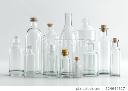 A collection of empty clear glass bottles without labels of various shapes and sizes, arranged on a white background 124944817