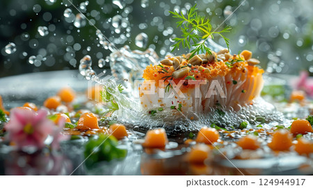 Almond-Crusted Turbot Meuniere: Turbot in Meuniere sauce, with almond slices and fresh herbs 124944917