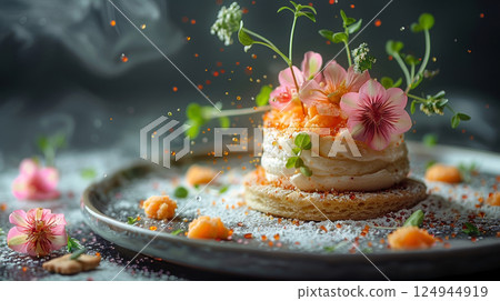 Foie Gras Mousse: Airy mousse in a delicate pastry shell, floating with edible flowers, microgreens, and crackers 124944919