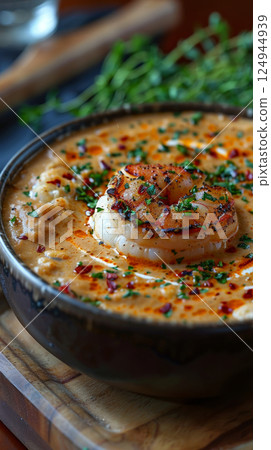 a bowl of creamy lobster bisque. The rich, velvety soup is a deep orange color, with a swirl of cream and a sprinkle of fresh herbs on top a bowl of creamy lobster bisque. The rich, velvety soup is a deep orange color, with a swirl of cream and a sprinkle of fresh herbs on top 124944939
