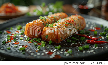 A duck confit spring roll hovers against a dark background, surrounded by droplets of sweet and spicy dipping sauce, chopped green onions, and slices of red chili. 124944952