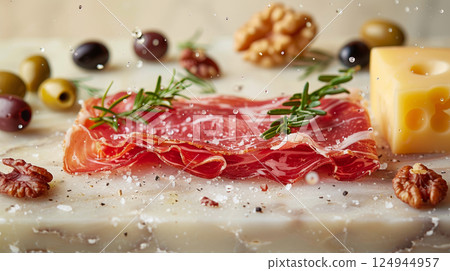 A single slice of prosciutto levitating against a neutral background, accompanied by a floating piece of brie cheese, a few olives, and a walnut 124944957