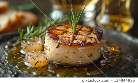 A small portion of foie gras is elegantly presented with a glass ampoule of white wine and delicate rosemary jelly, highlighting its rich creaminess against the translucent jelly. 124944959