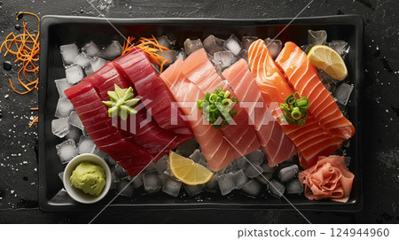 Top-Down View: Classic Sashimi Assortment with Tuna, Salmon, Yellowtail, and Garnishes 124944960